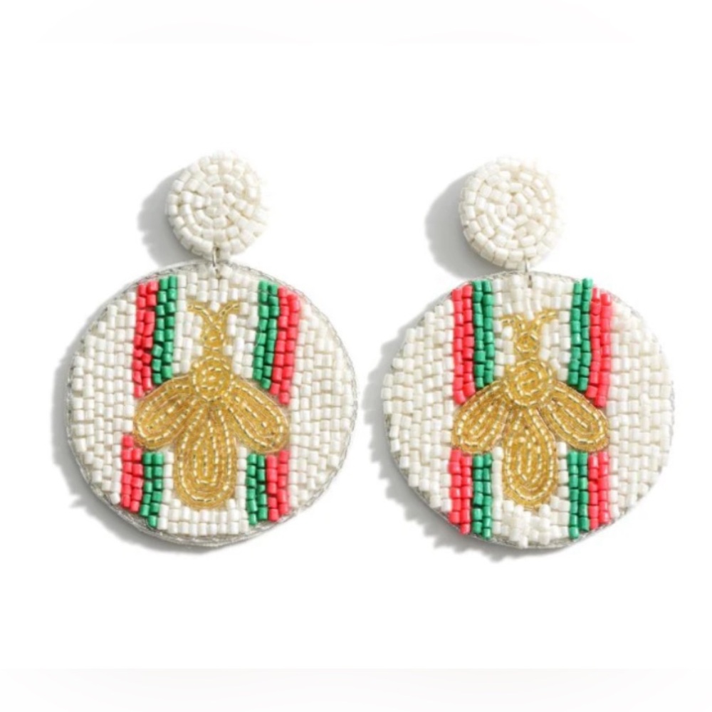Beaded earrings with bee and stripe accents